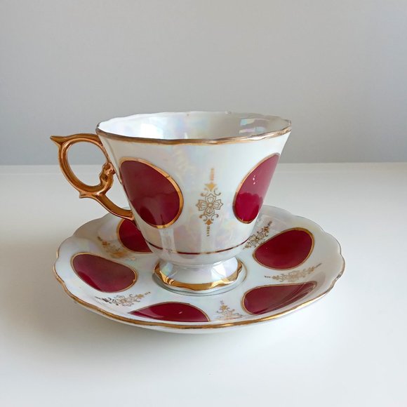 Lusterware Iridescent Pearl Glaze Footed Teacup & Saucer With Large Polka Dots - Picture 1 of 8